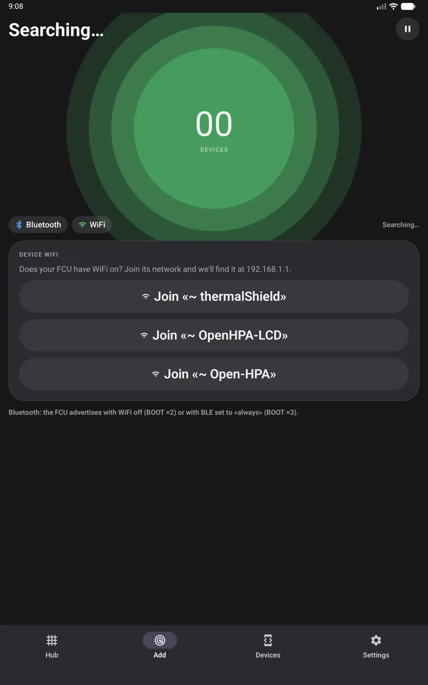 HPA Commander · Android · BLE + WiFi scan