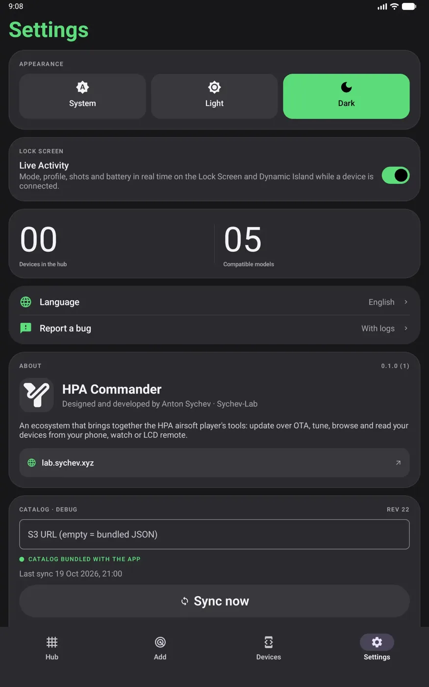 HPA Commander · Android · Settings